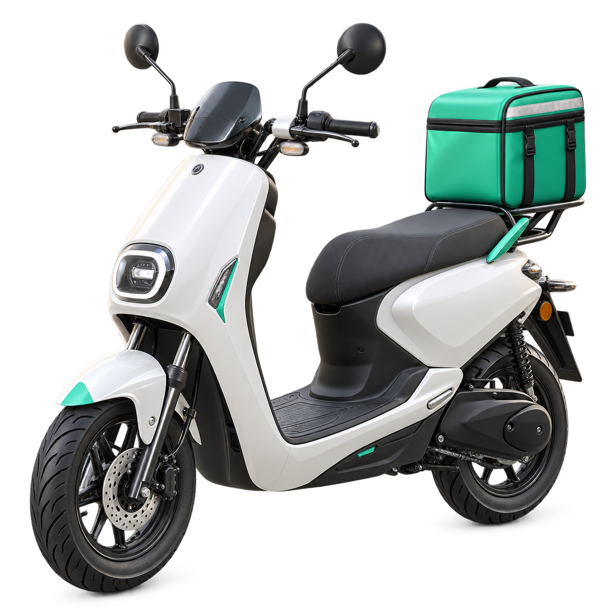 White parcel scooter with a jade delivery box