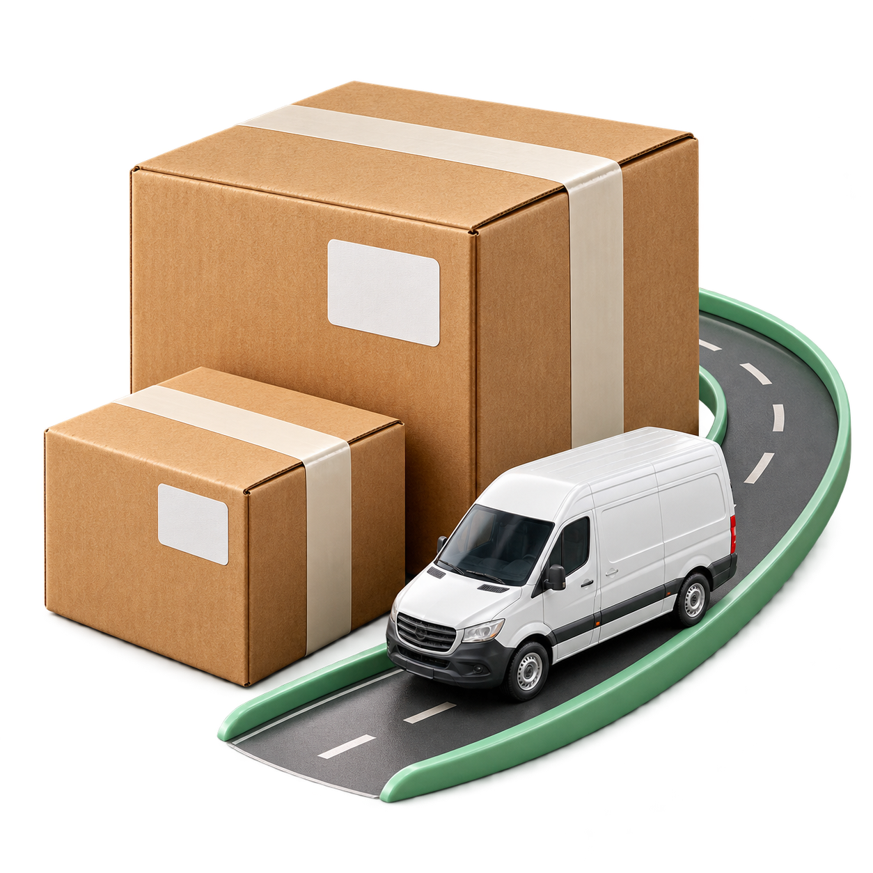 Illustrative parcel boxes and a delivery van