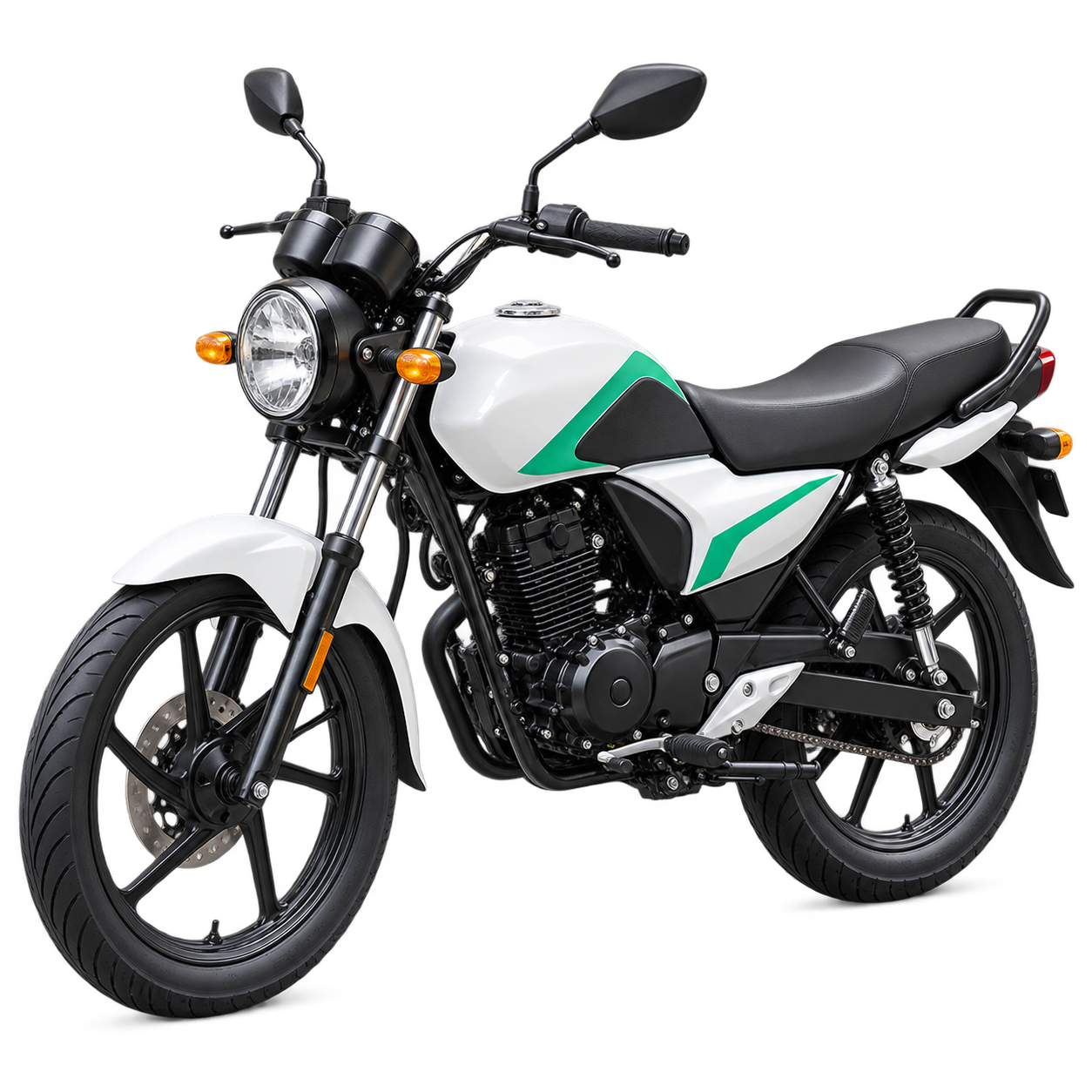 Black and white motorbike with jade accents